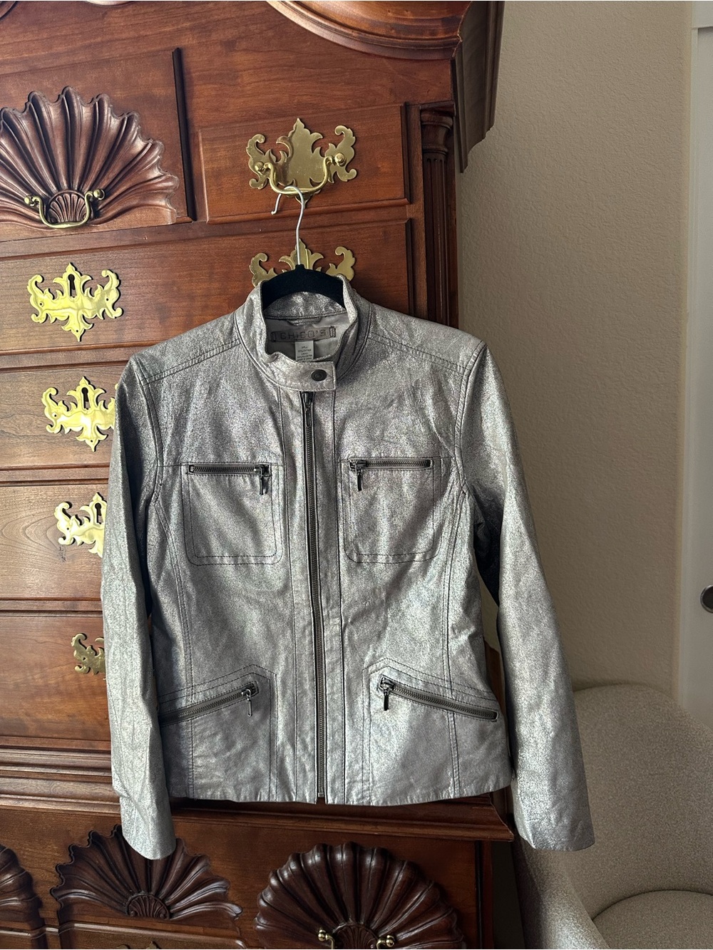 Chico's Metallic Silver Moto Leather Jacket